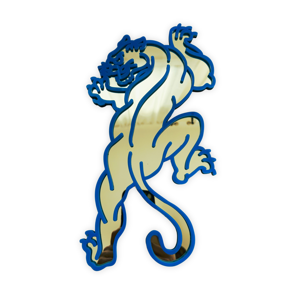 Logo of a leaping lion with blue outline on a white background
