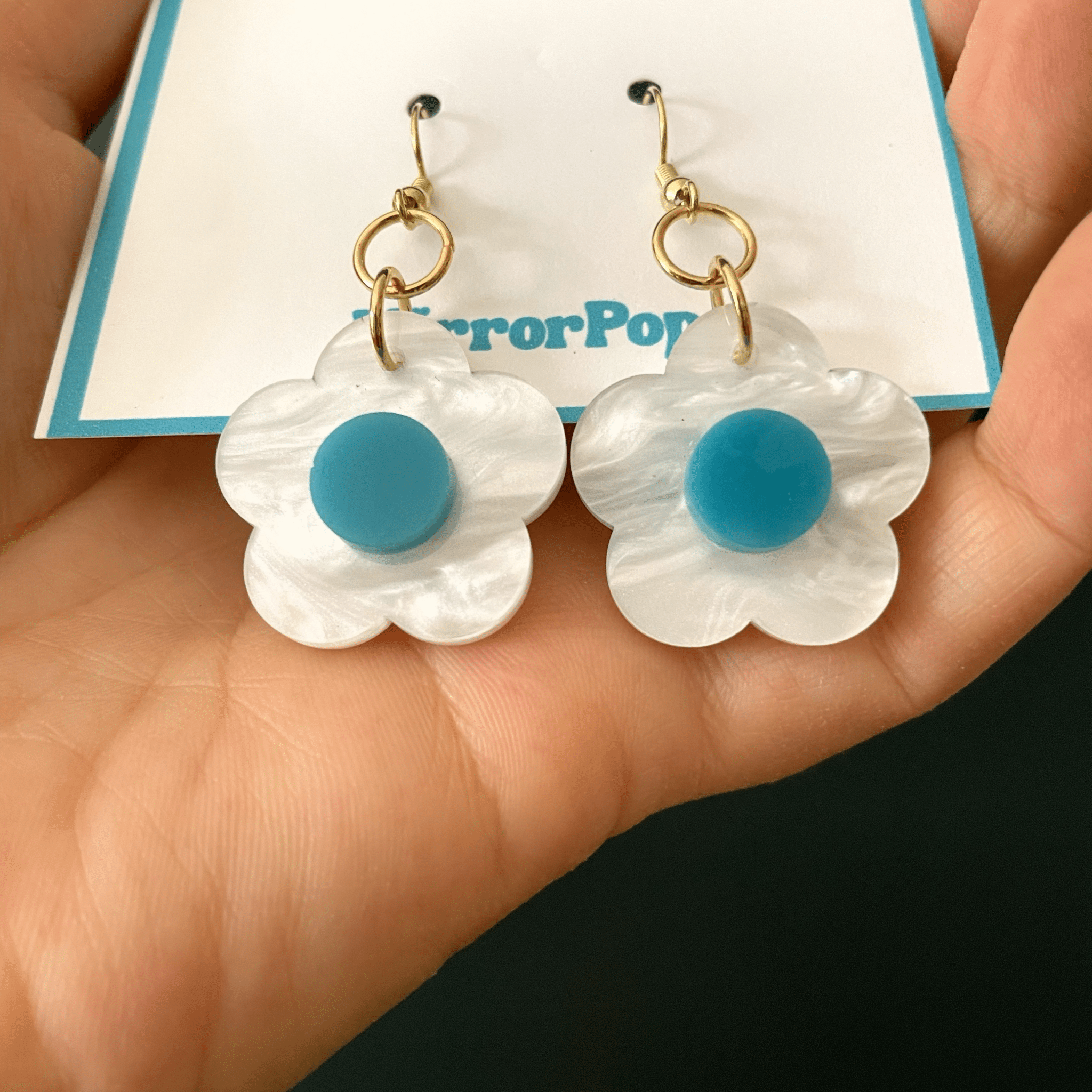 Pearlescent Funky Flower Earrings: White & Teal Flower with Gold Jewelry - by MirrorPop. Handmade acrylic art.