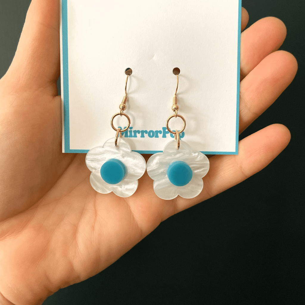 Pearlescent Funky Flower Earrings: White & Teal Flower with Gold Jewelry - by MirrorPop. Handmade acrylic art.