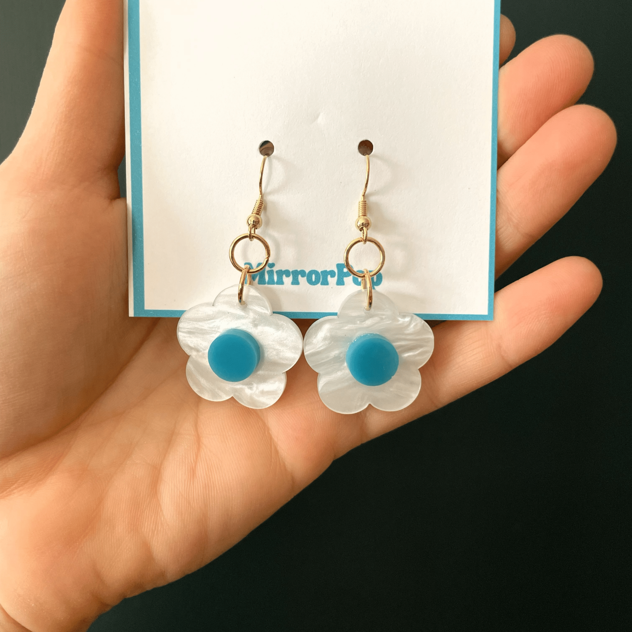 Pearlescent Funky Flower Earrings: White & Teal Flower with Gold Jewelry - by MirrorPop. Handmade acrylic art.