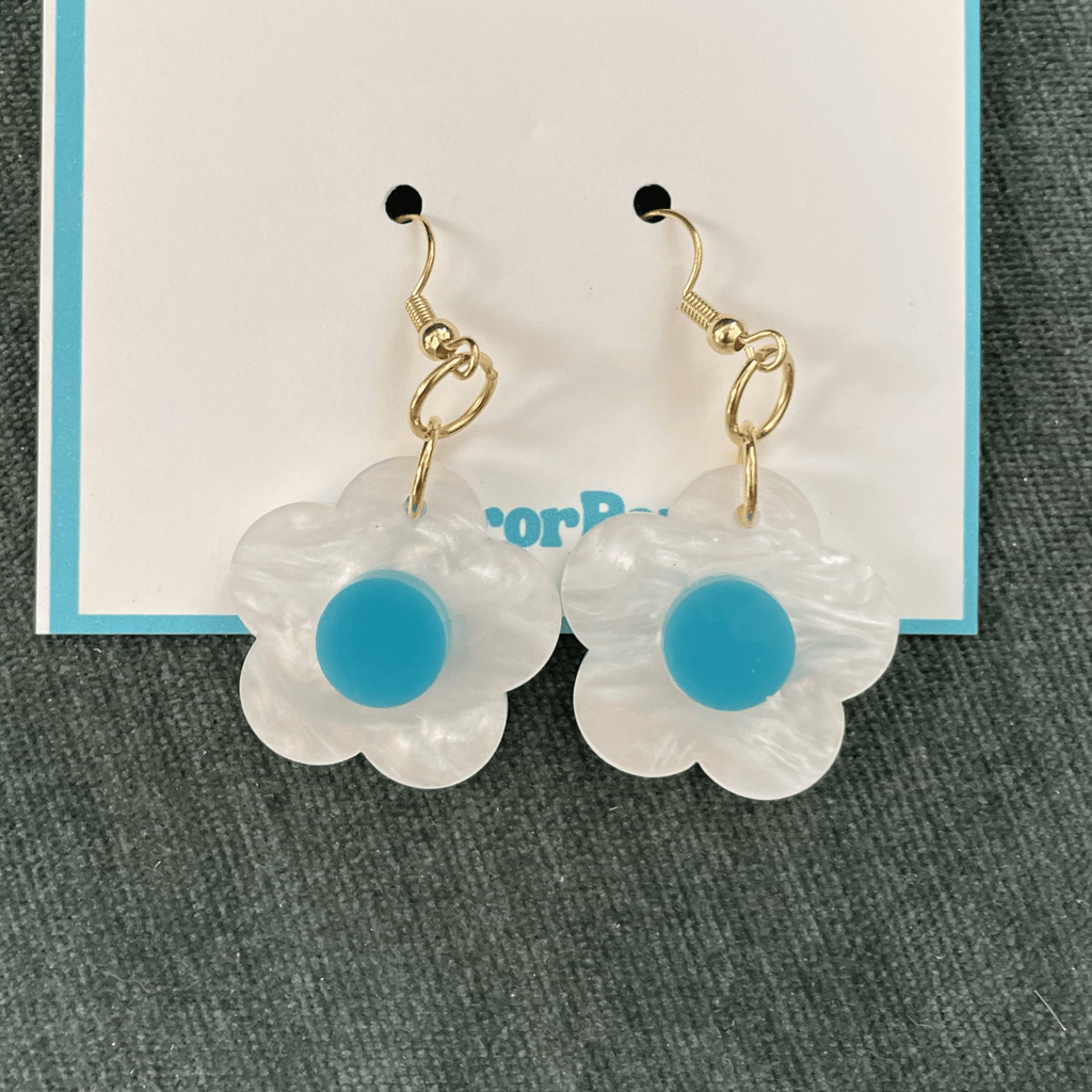 Pearlescent Funky Flower Earrings: White & Teal Flower with Gold Jewelry - by MirrorPop. Handmade acrylic art.