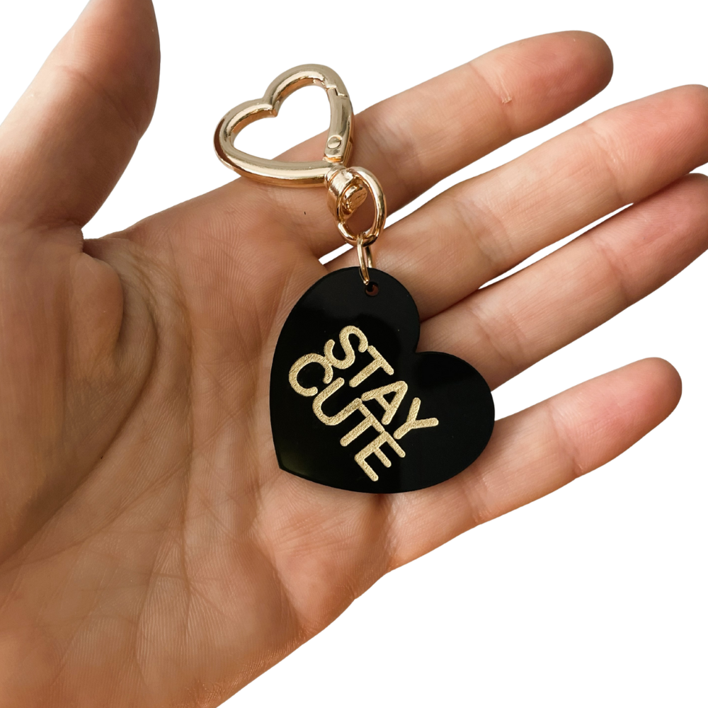 Stay Cute Heart Trinket Bag Charm Key Chain | Handmade Heart Black Acrylic