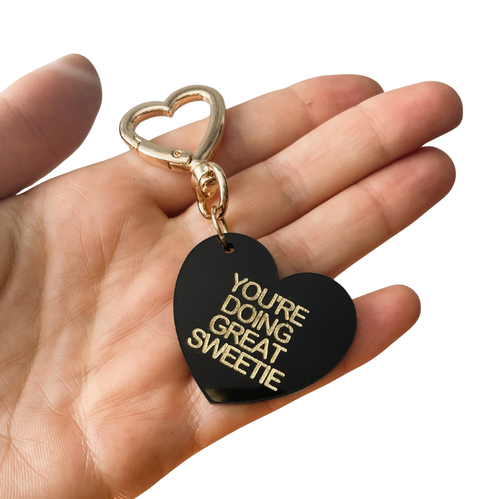 You're Doing Great Sweetie Trinket Bag Charm Key Chain | Handmade Heart Black Acrylic