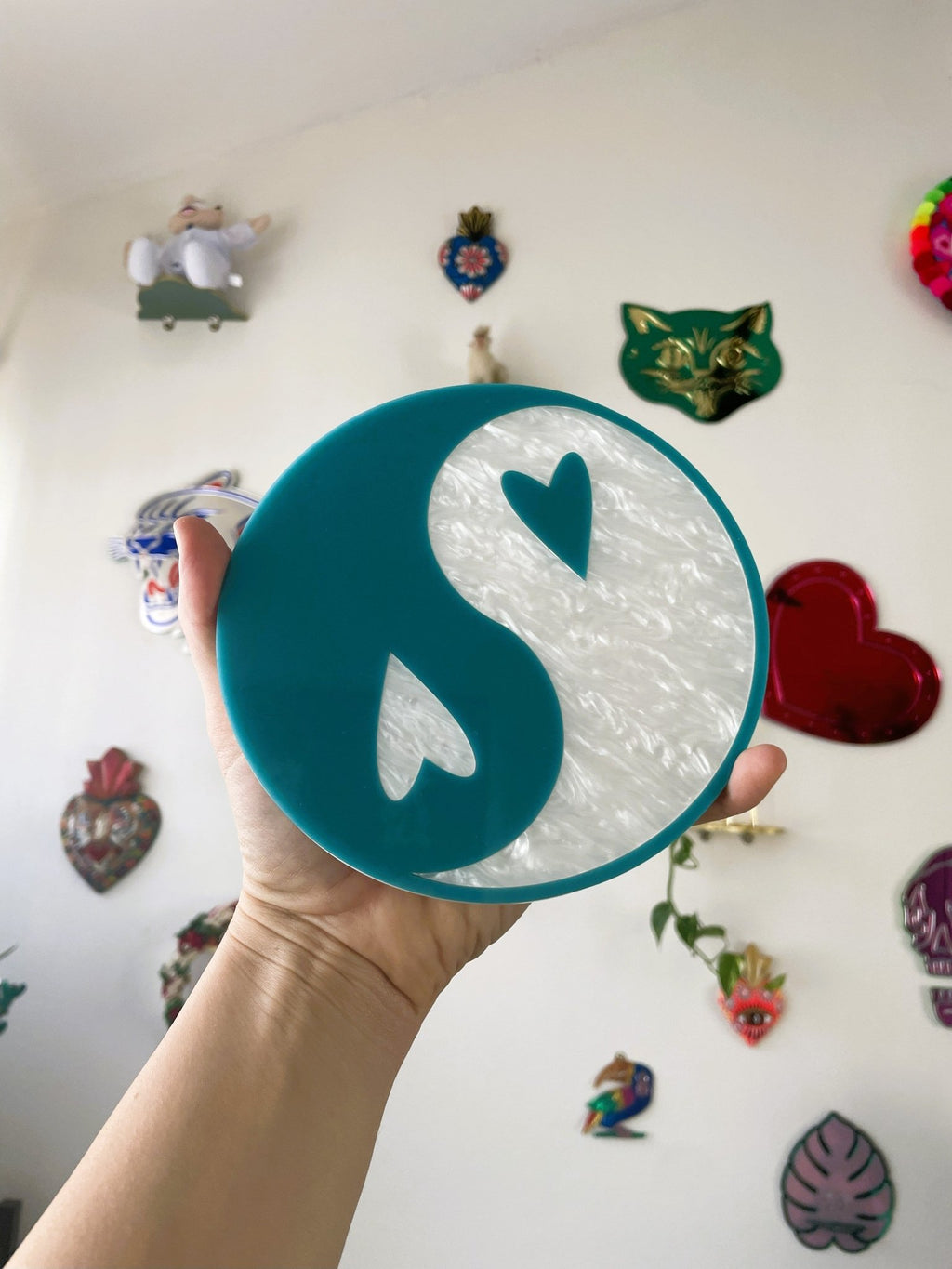 YingYang Wall Hanging - Teal & Pearl White Acrylic Gallery Wall Art Decor - by MirrorPop. Handmade acrylic art.
