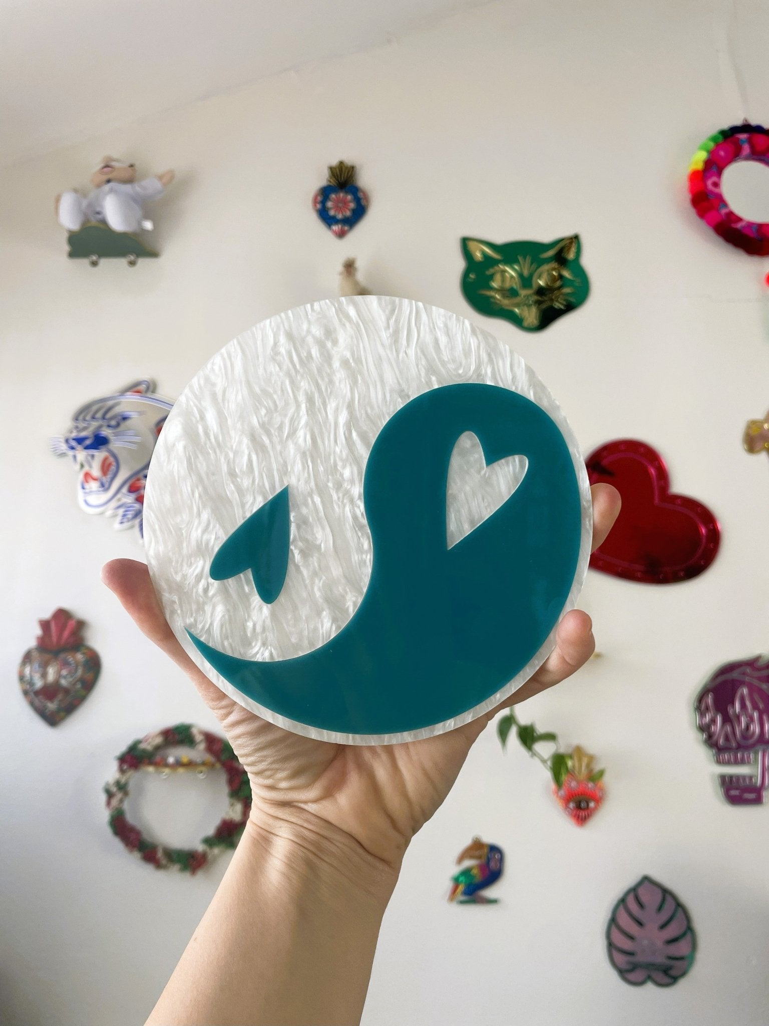 YingYang Wall Hanging - Teal & Pearl White Acrylic Gallery Wall Art Decor - by MirrorPop. Handmade acrylic art.