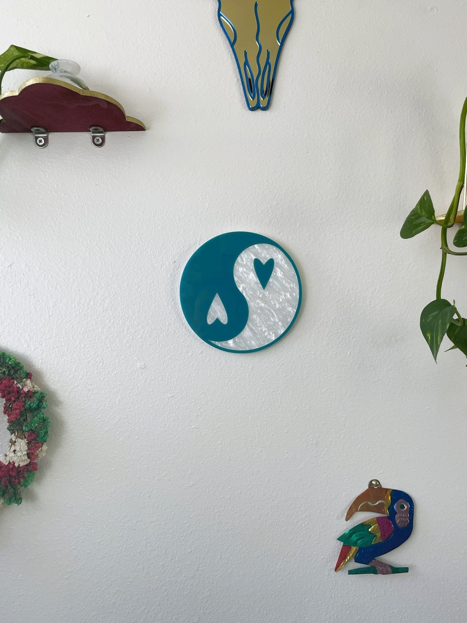 YingYang Wall Hanging - Teal & Pearl White Acrylic Gallery Wall Art Decor - by MirrorPop. Handmade acrylic art.