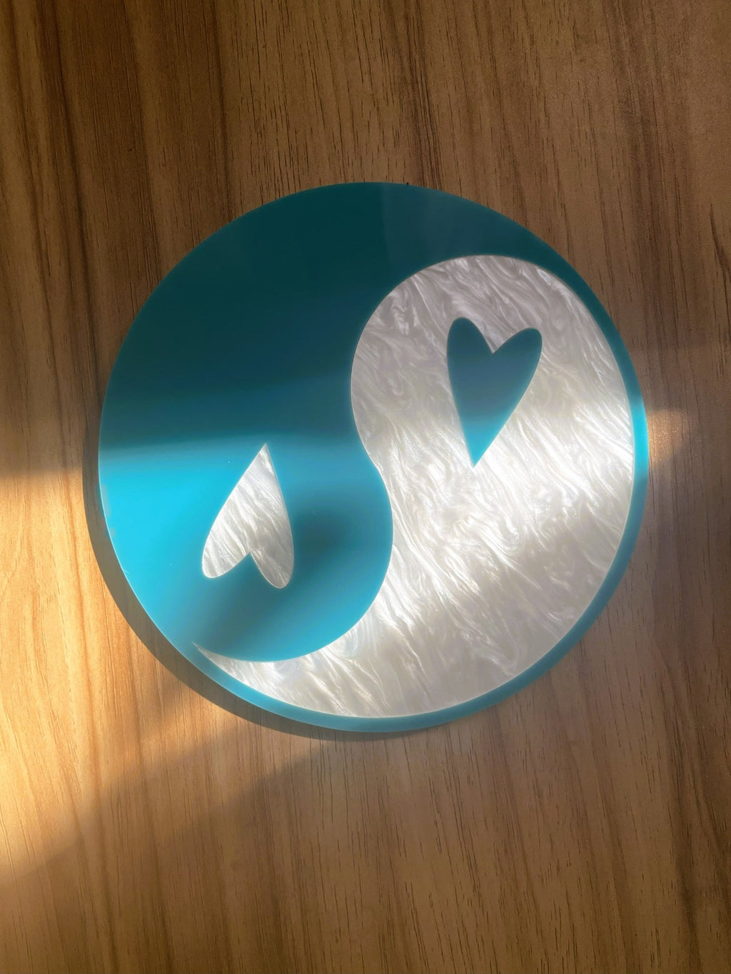 YingYang Wall Hanging - Teal & Pearl White Acrylic Gallery Wall Art Decor - by MirrorPop. Handmade acrylic art.