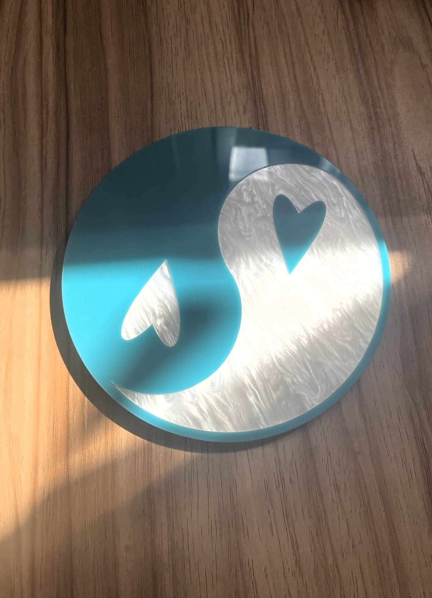 YingYang Wall Hanging - Teal & Pearl White Acrylic Gallery Wall Art Decor - by MirrorPop. Handmade acrylic art.