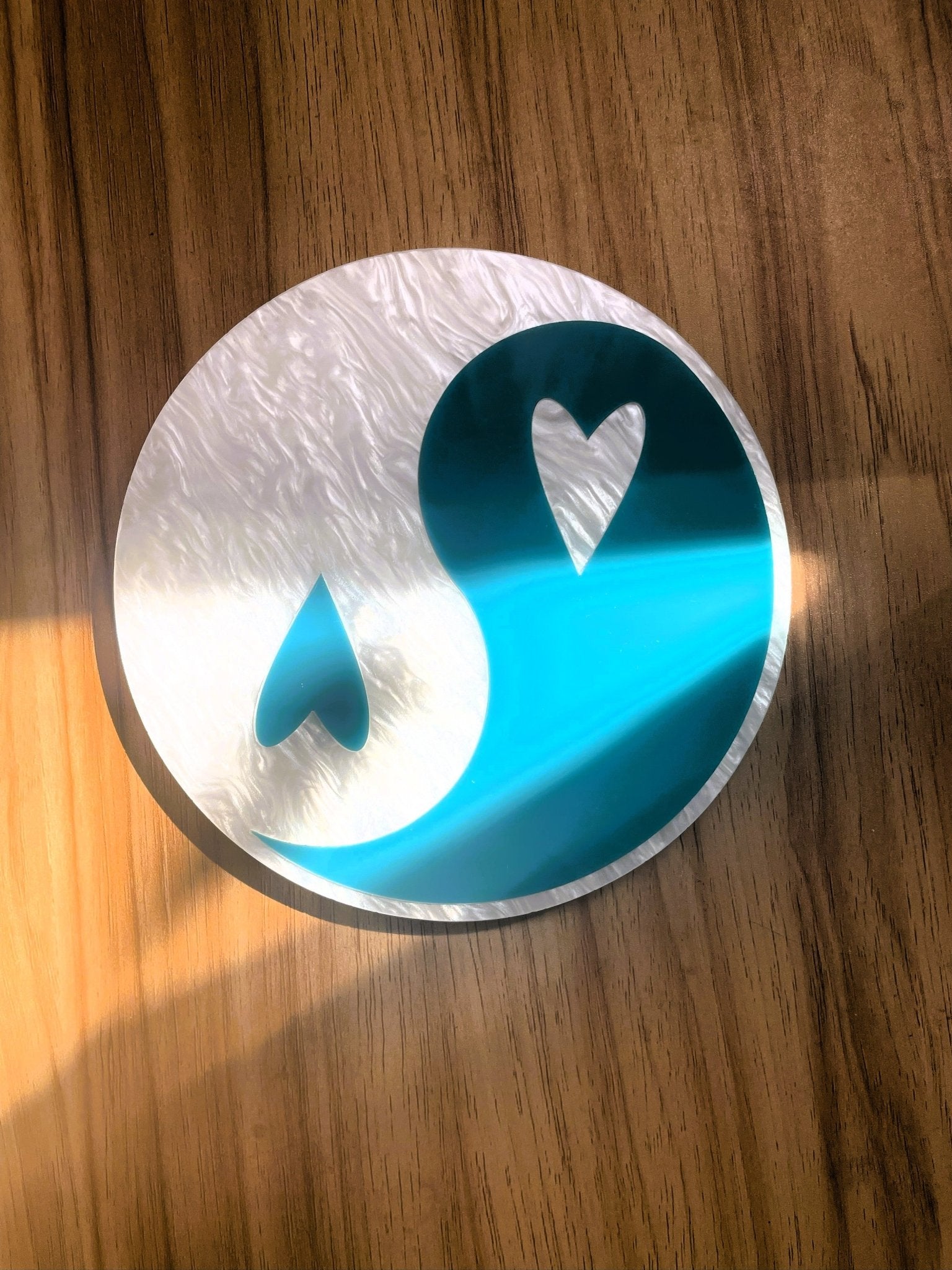 YingYang Wall Hanging - Teal & Pearl White Acrylic Gallery Wall Art Decor - by MirrorPop. Handmade acrylic art.